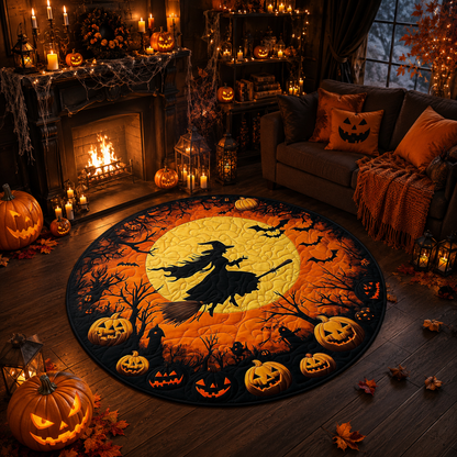 Flying Witch Full Moon Pumpkin Patch Halloween Quilt Round Rug