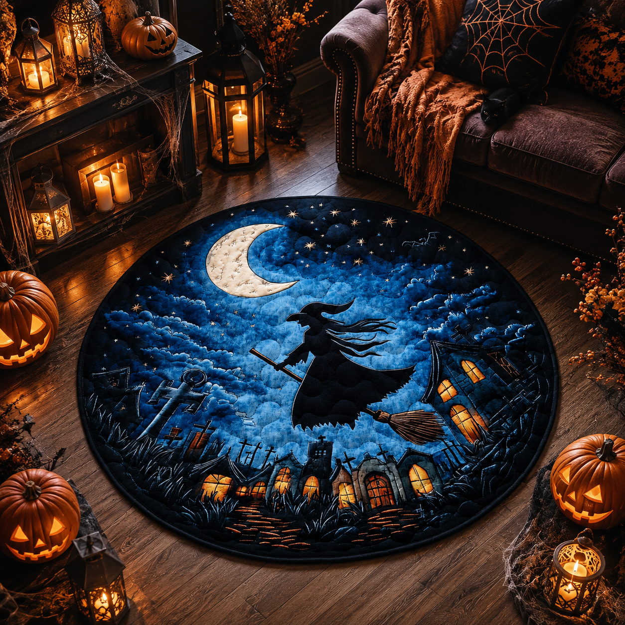 Flying Witch Moonlit Cemetery Night Halloween Quilt Round Rug