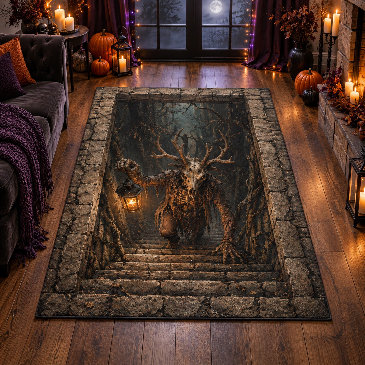 Forest Wendigo Lantern Stairs Halloween Area Rug