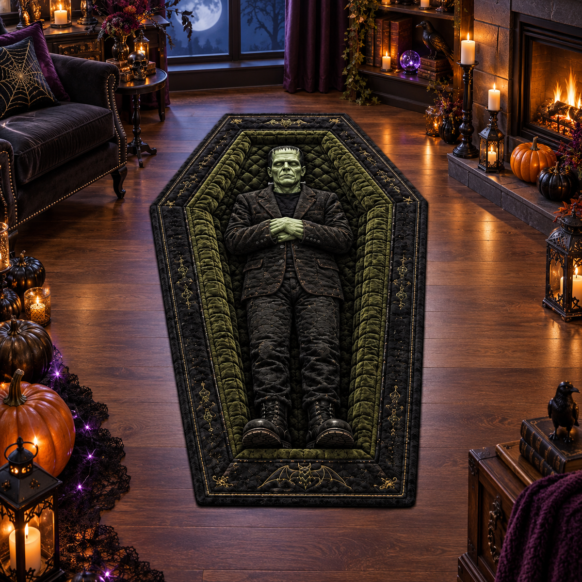 Frankenstein Coffin Spooky Gothic Halloween Area Rug