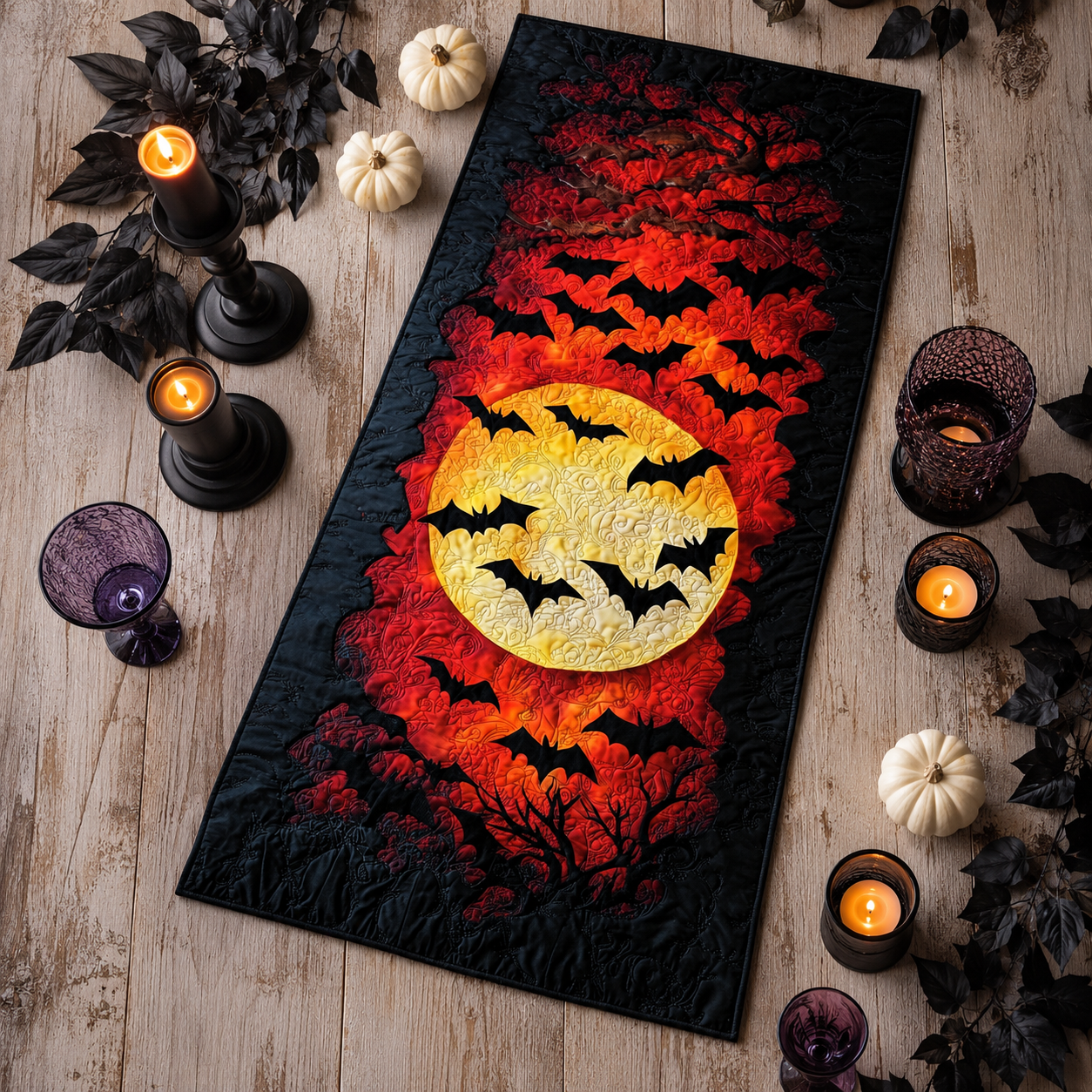 Full Moon Flying Bats Gothic Halloween Quilted Table Runner