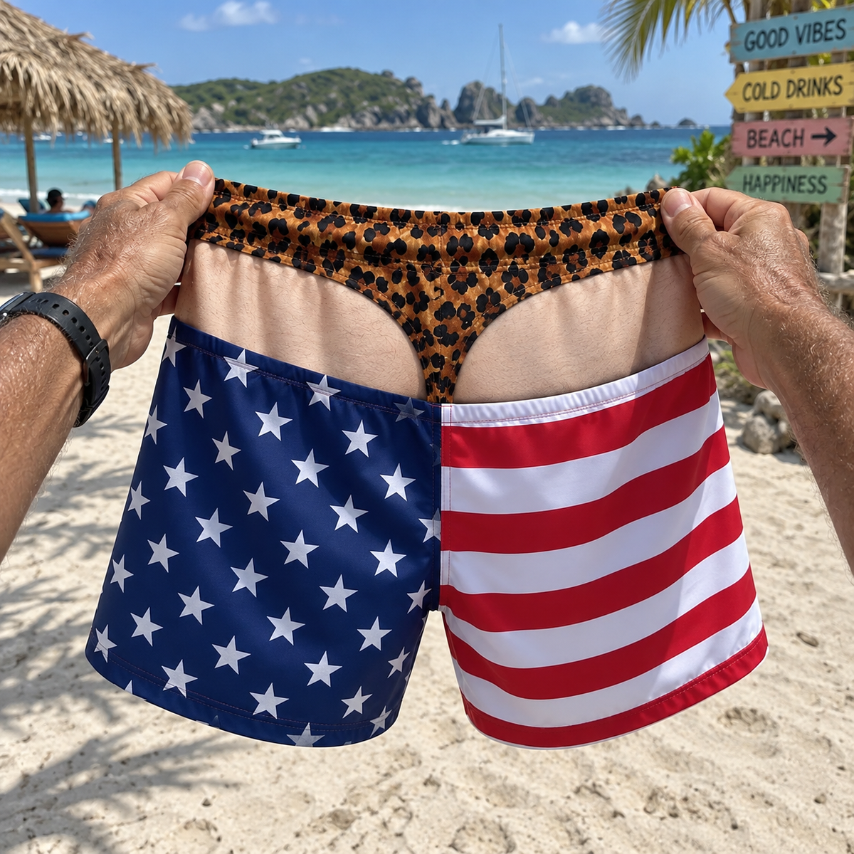 Funny 3D Printed Fake Thong Swim Trunks