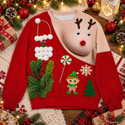 Funny 3D Reindeer & Santa Ugly Christmas Sweater