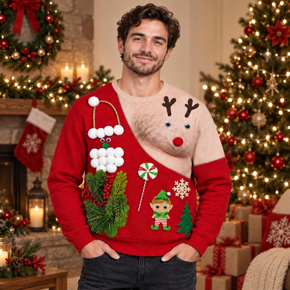 Funny 3D Reindeer & Santa Ugly Christmas Sweater