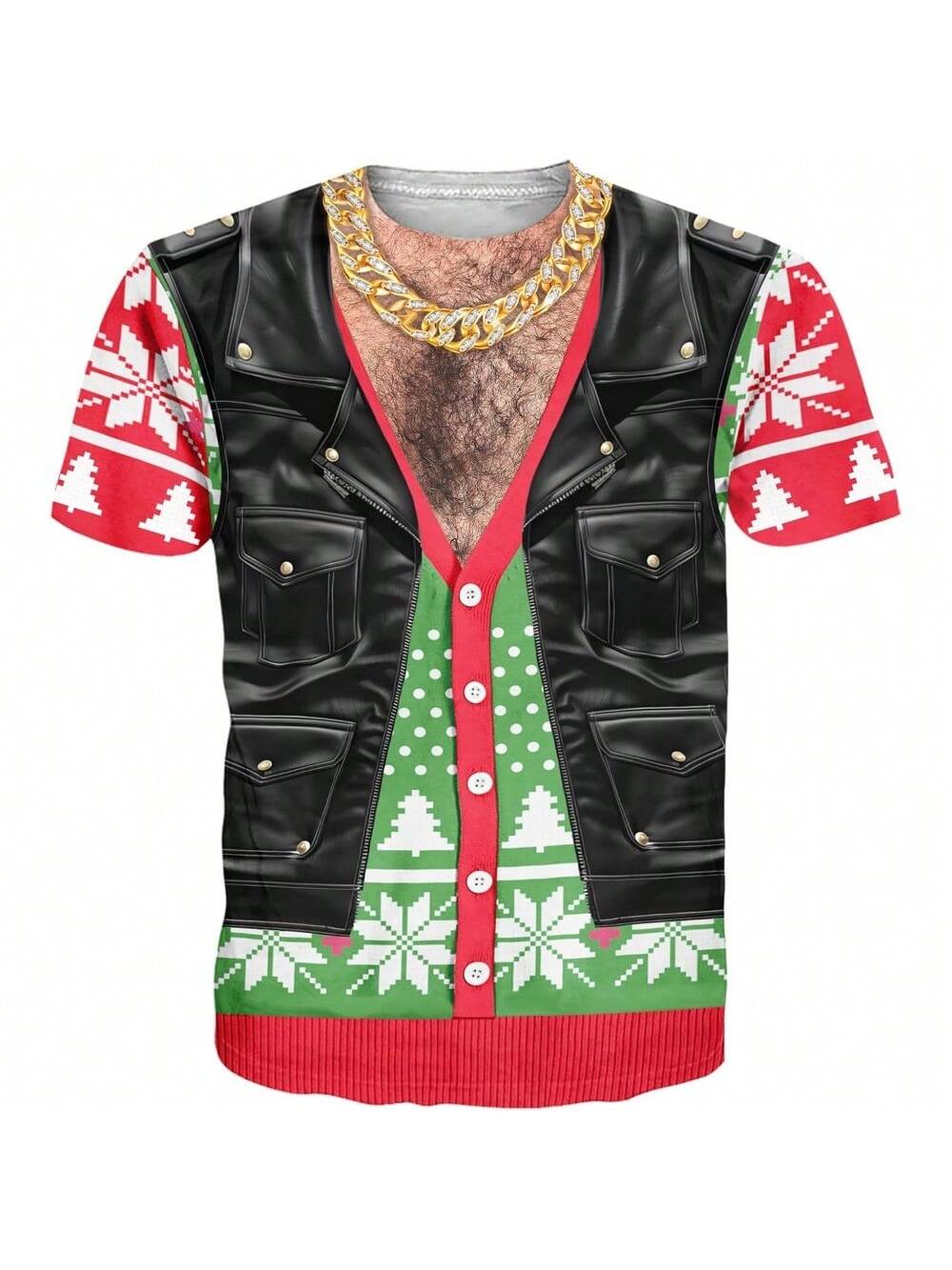 Funny Christmas Body Shirt with Hairy Chest & Gold Chain