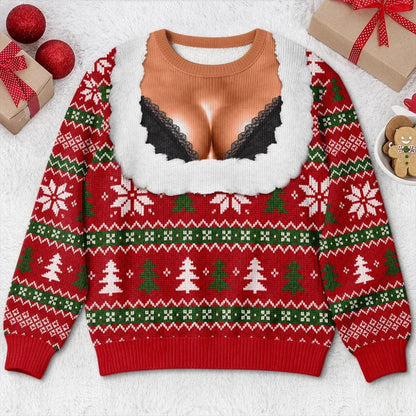 Funny Christmas Sweater With Black Bra Design