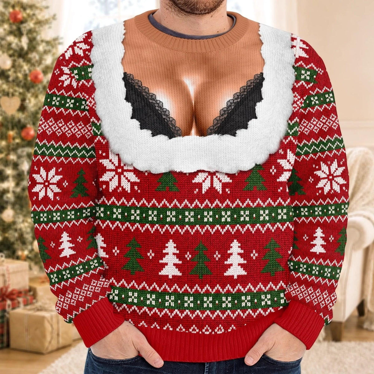 Funny Christmas Sweater With Black Bra Design
