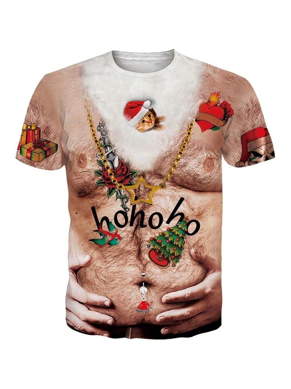 Funny Christmas Tattoo Hairy Chest T-Shirt