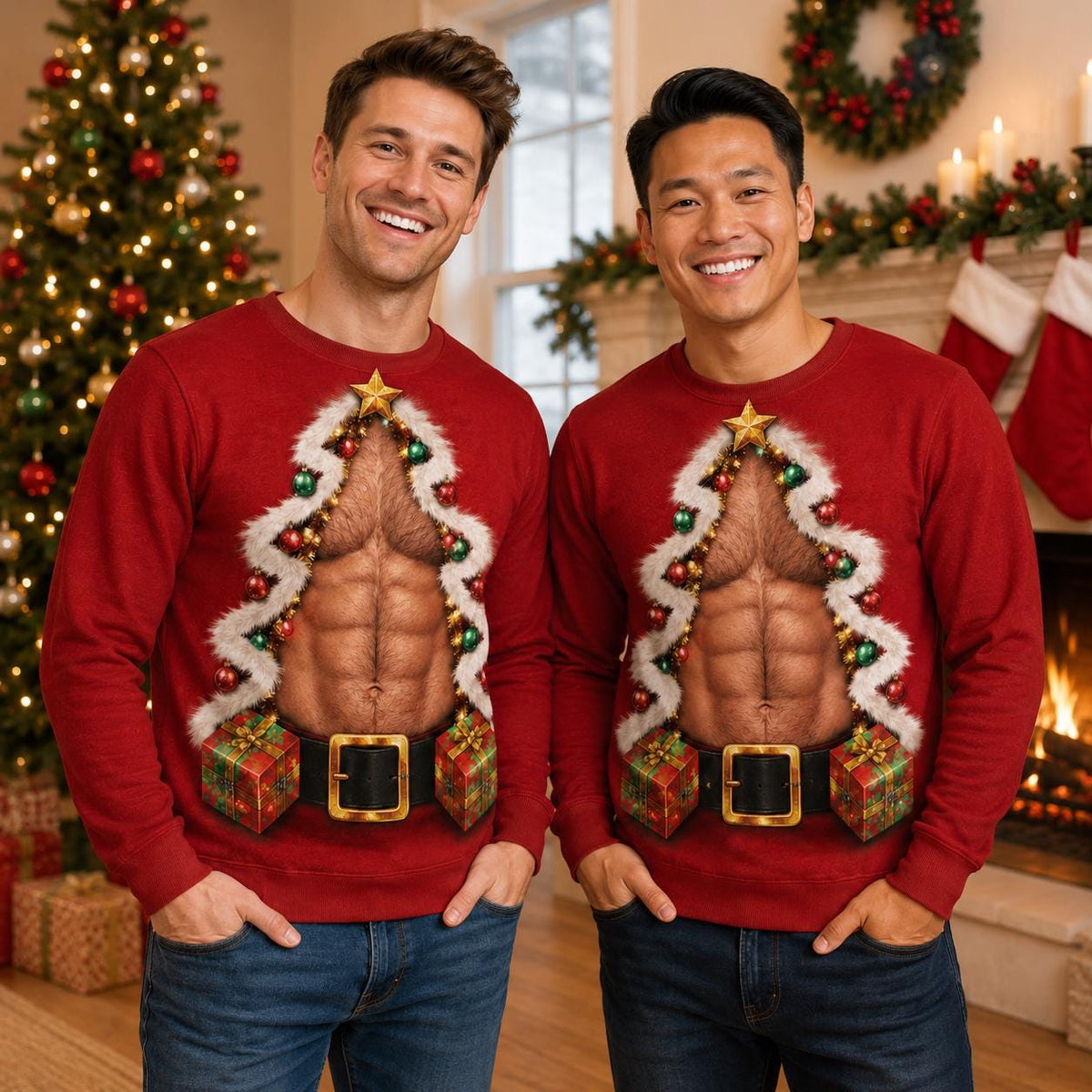 Funny Christmas Tree Chest Couple Ugly Sweater