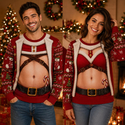 Funny Cutout Open Chest Christmas Couple Sweater