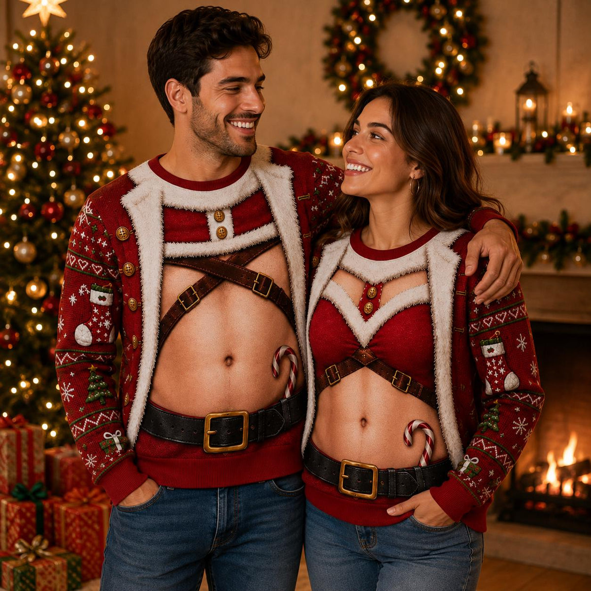 Funny Cutout Open Chest Christmas Couple Sweater