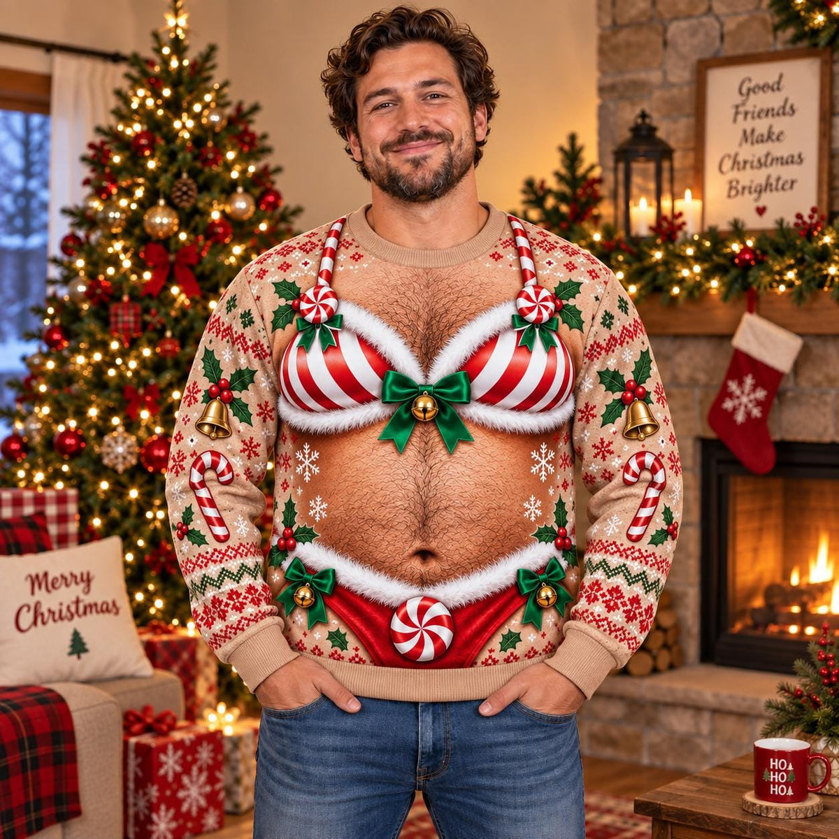 Funny Hairy Chest Bikini Ugly Christmas Sweater