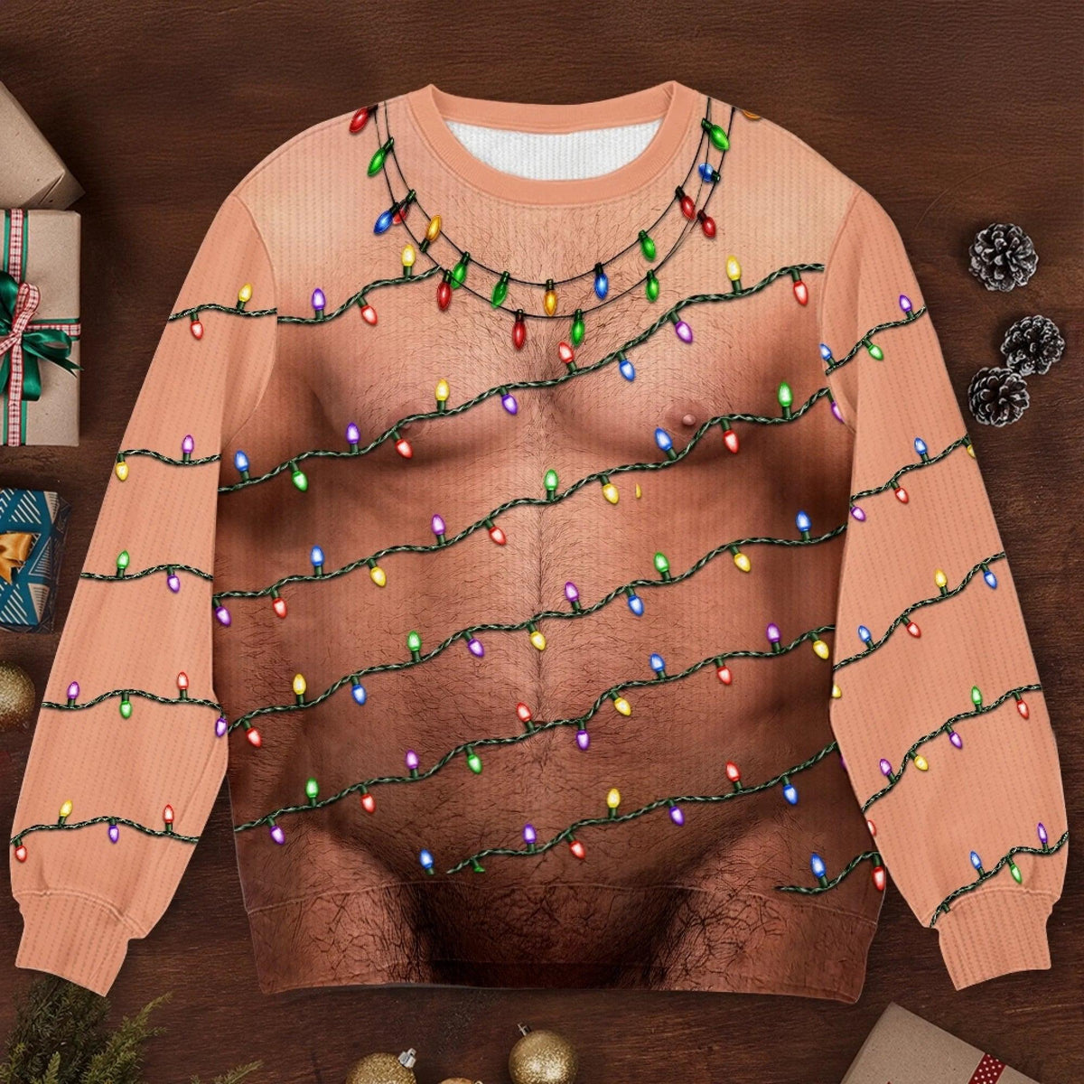 Funny Hairy Chest Christmas Lights Sweater