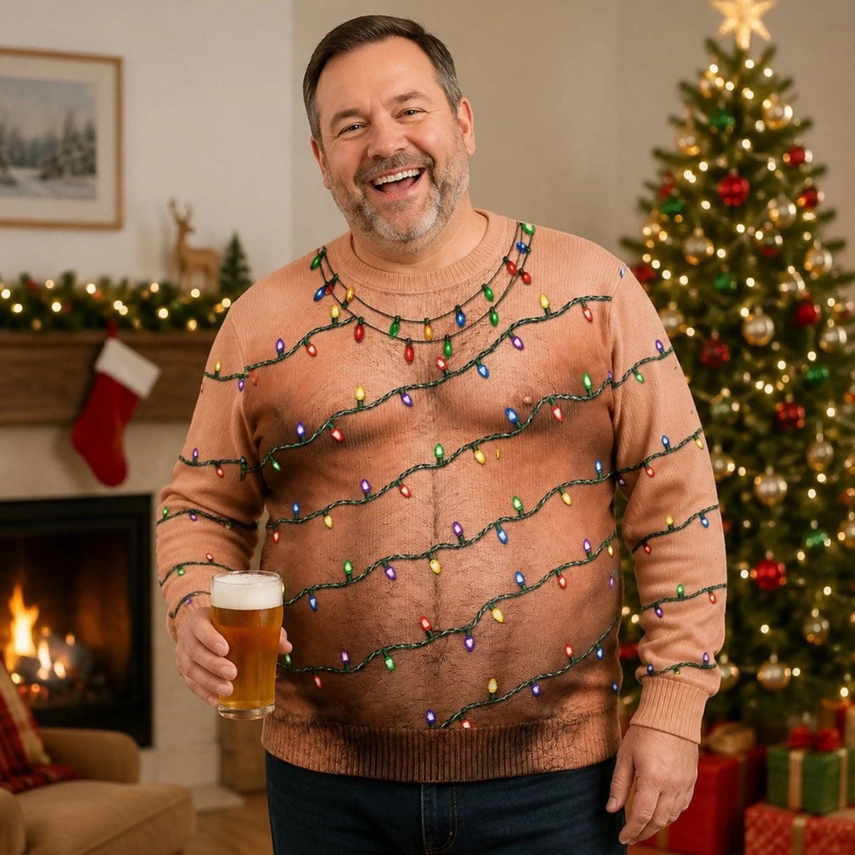 Funny Hairy Chest Christmas Lights Sweater