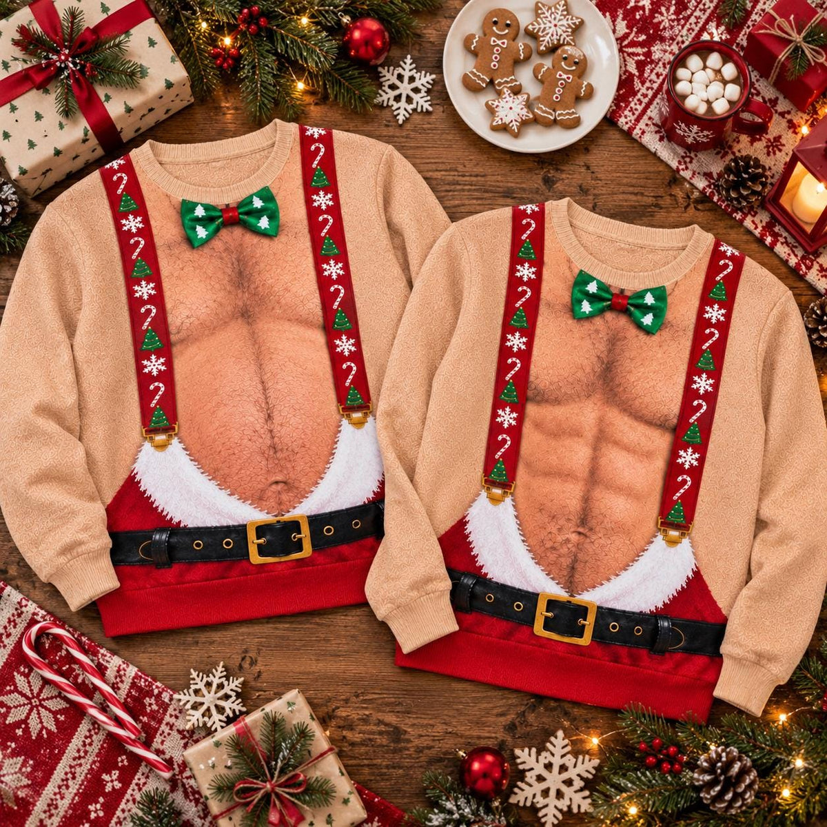 Funny Hairy Chest Men Ugly Christmas Sweater Suspenders