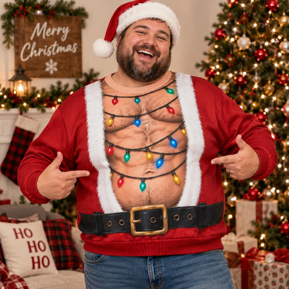 Funny Hairy Chest Santa Lights Christmas Sweater