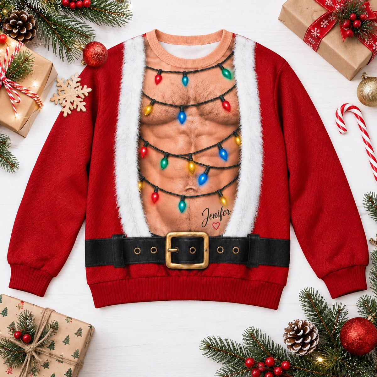 Funny Hairy Chest Santa Lights Christmas Sweater