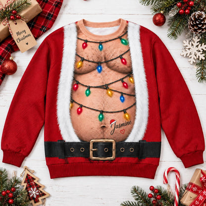 Funny Hairy Chest Santa Lights Christmas Sweater