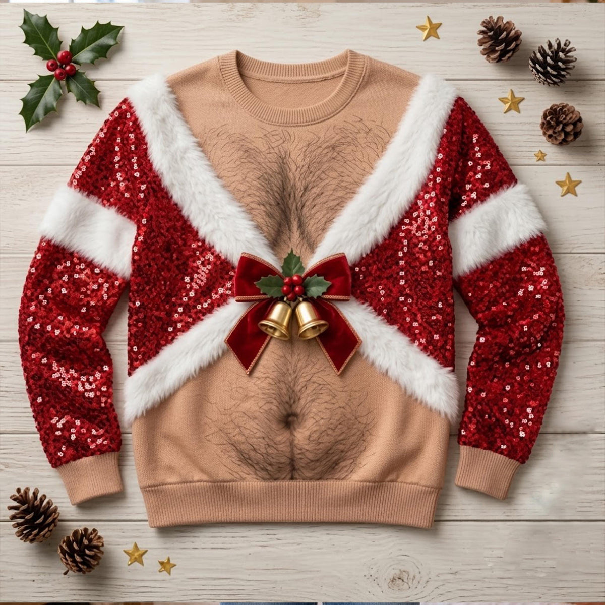 Funny Hairy Chest Sequin Bells Christmas Sweater