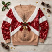 Funny Hairy Chest Sequin Bells Christmas Sweater