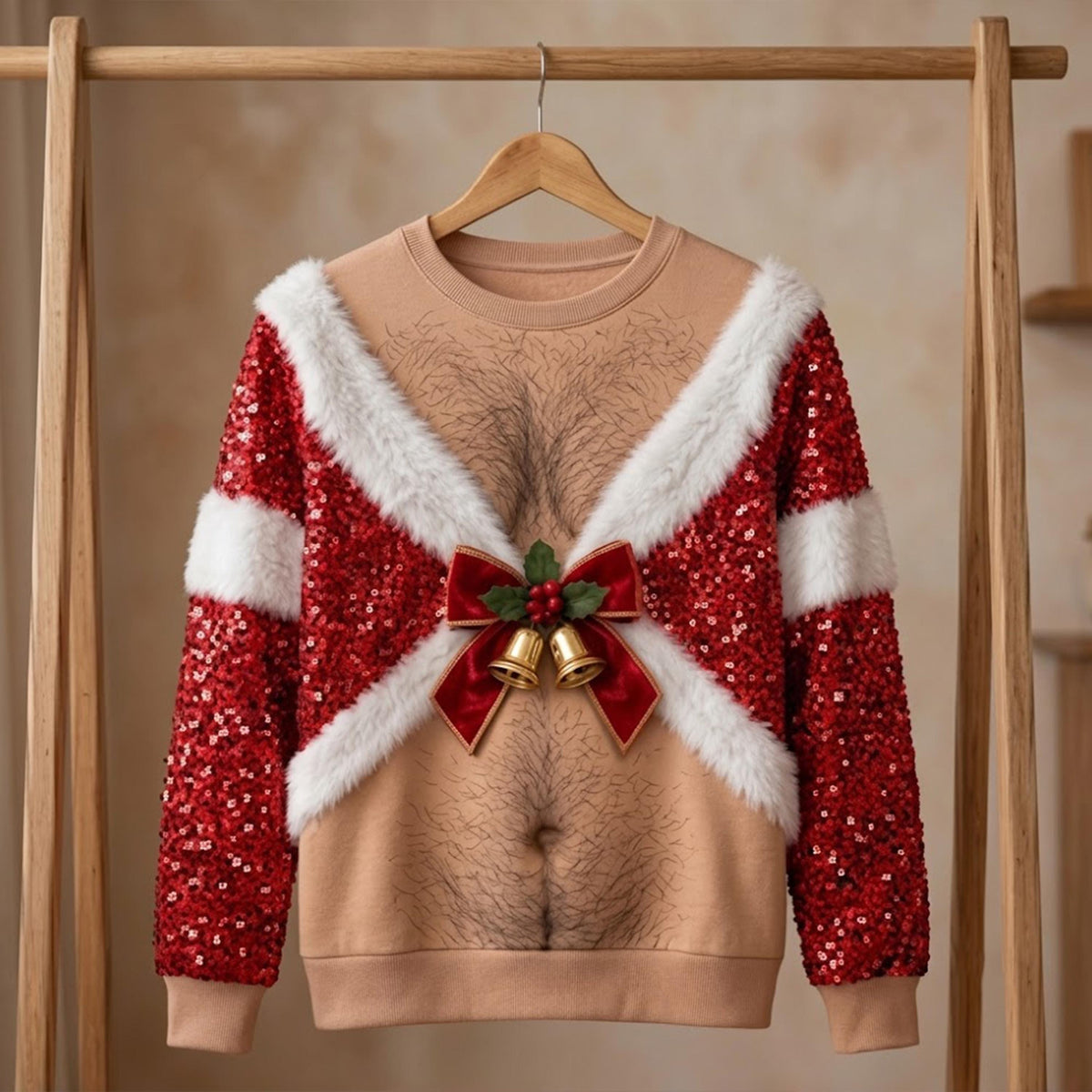 Funny Hairy Chest Sequin Bells Christmas Sweater