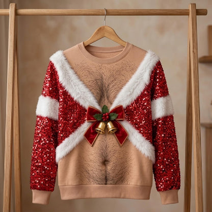 Funny Hairy Chest Sequin Bells Christmas Sweater