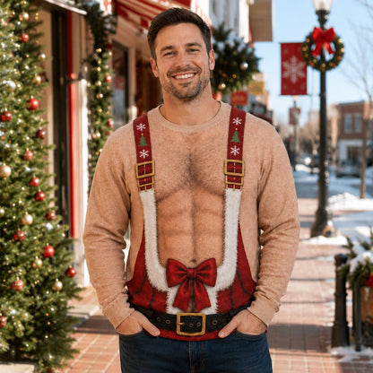 Funny Hairy Chest & Abs Christmas Suspenders Sweater