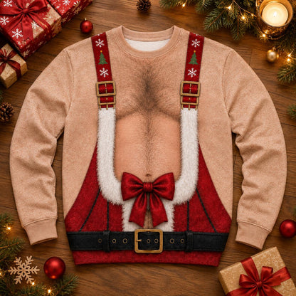 Funny Hairy Chest & Abs Christmas Suspenders Sweater