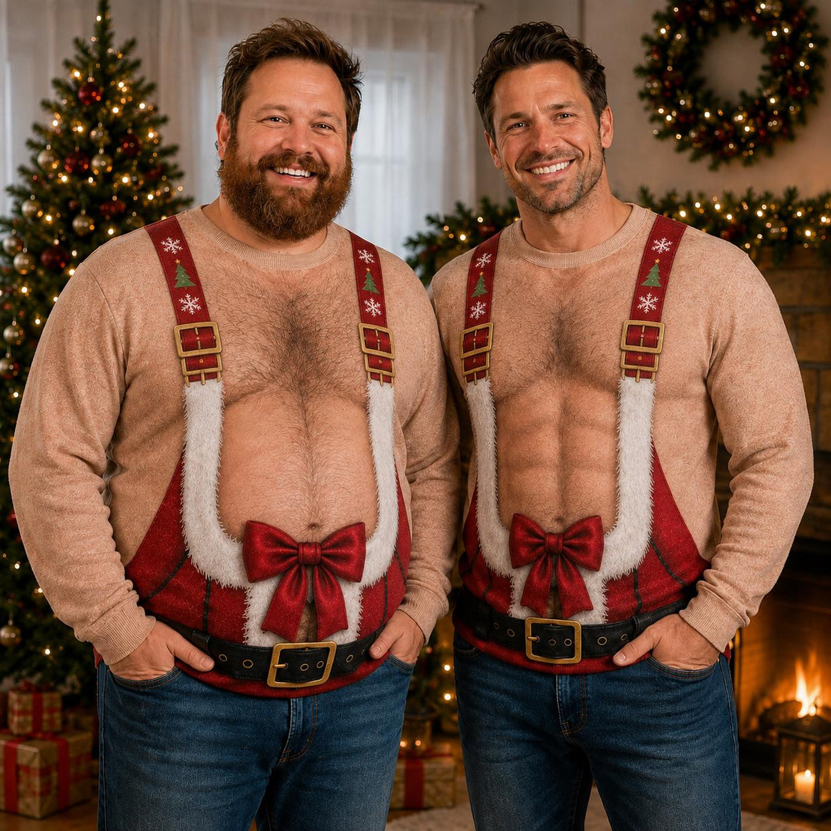 Funny Hairy Chest & Abs Christmas Suspenders Sweater