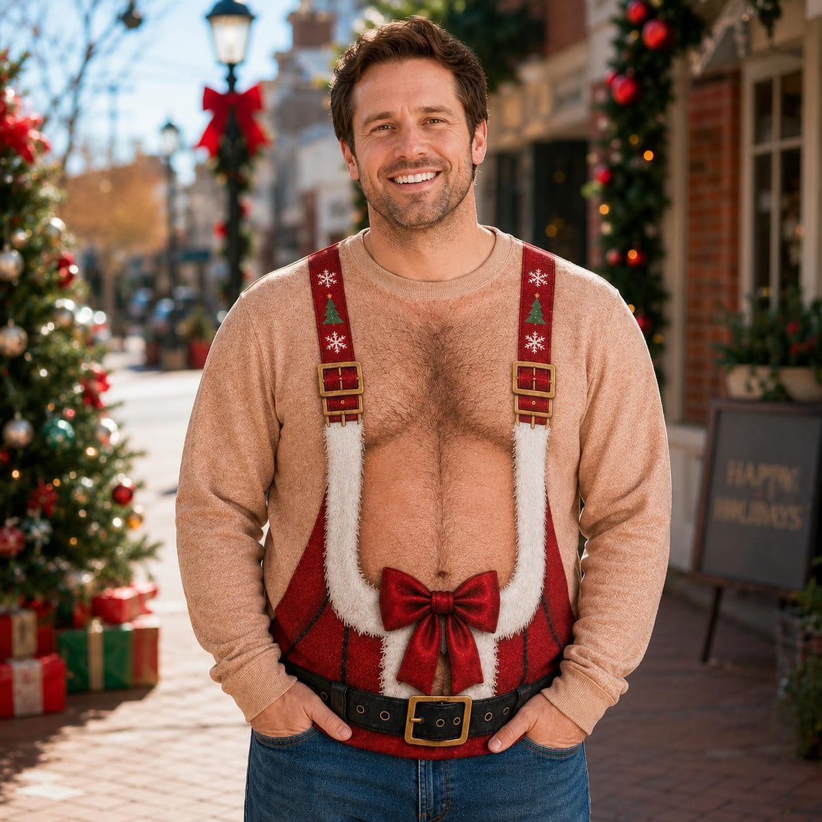 Funny Hairy Chest & Abs Christmas Suspenders Sweater