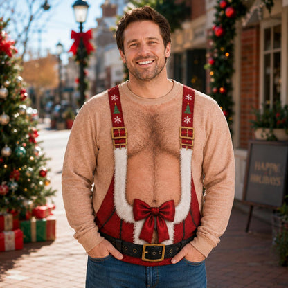 Funny Hairy Chest & Abs Christmas Suspenders Sweater