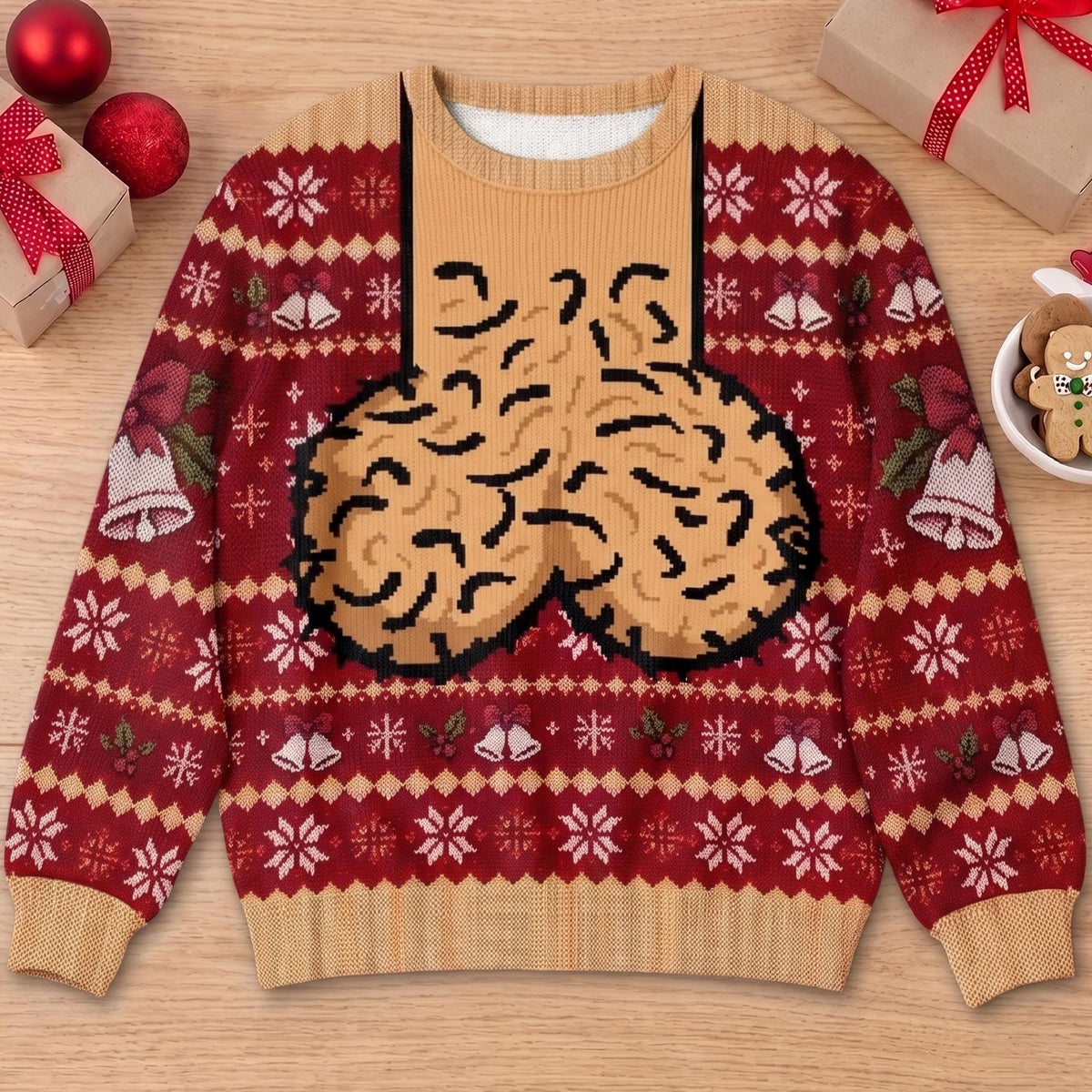 Funny Hairy Chest & Bells Christmas Ugly Sweater