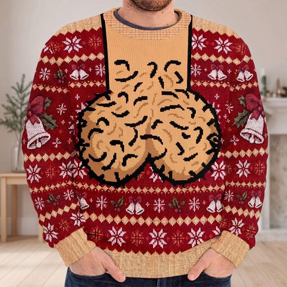 Funny Hairy Chest & Bells Christmas Ugly Sweater
