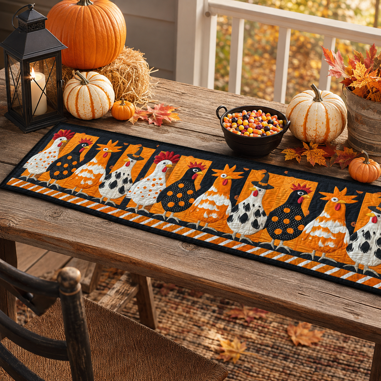 Funny Halloween Chickens in Witch Hats Halloween Quilted Table Runner