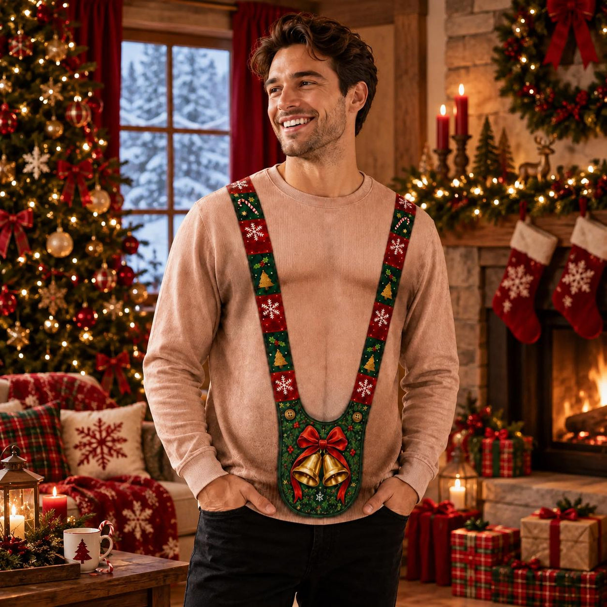 Funny Jingle Bells Suspenders Ugly Christmas Sweater