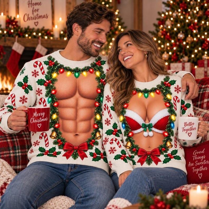 Funny Matching Chest Couple Ugly Christmas Sweater