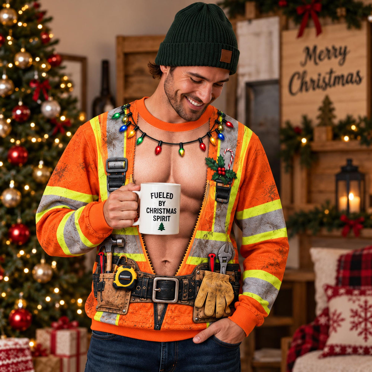Funny Men's Construction Worker Ugly Christmas Sweater