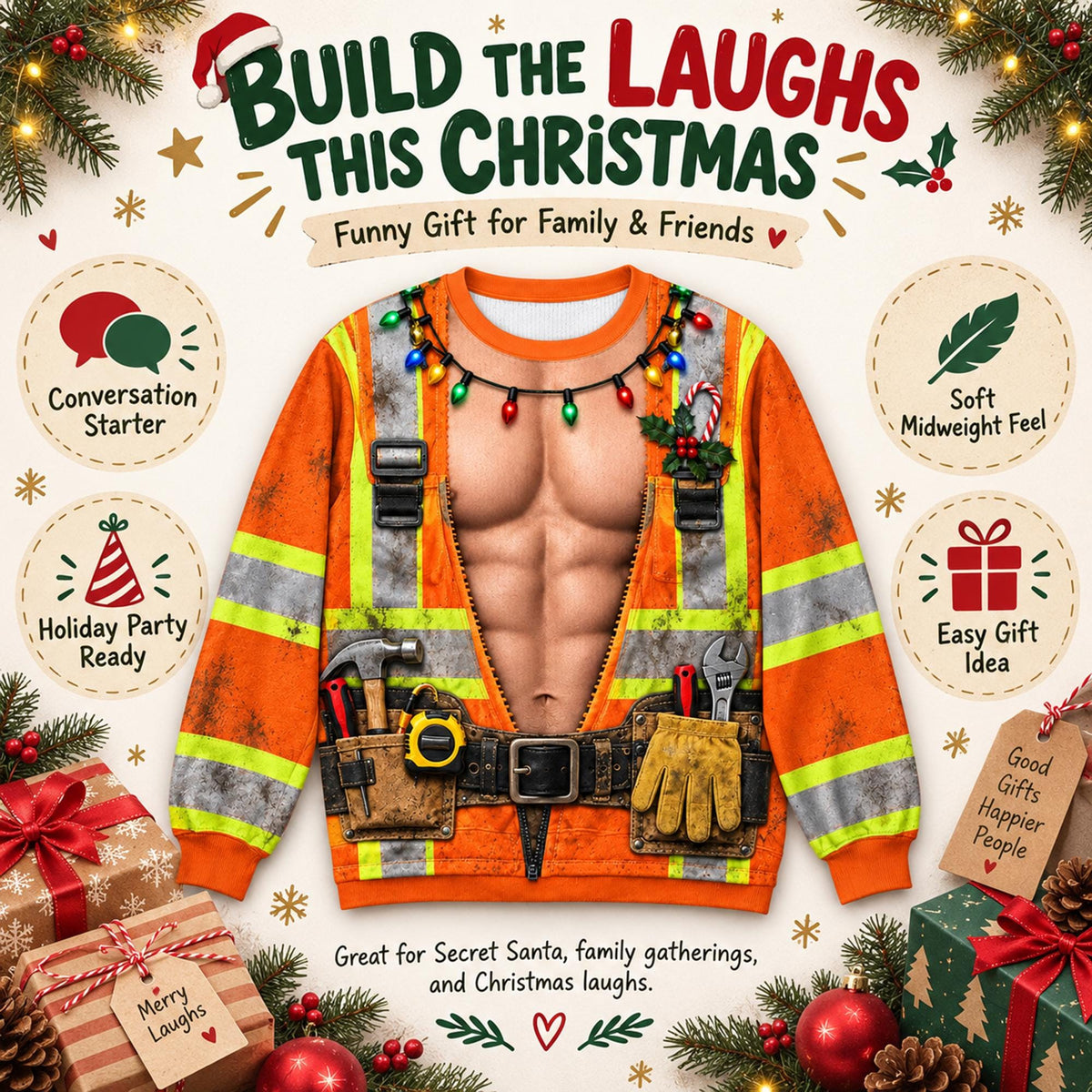 Funny Men's Construction Worker Ugly Christmas Sweater