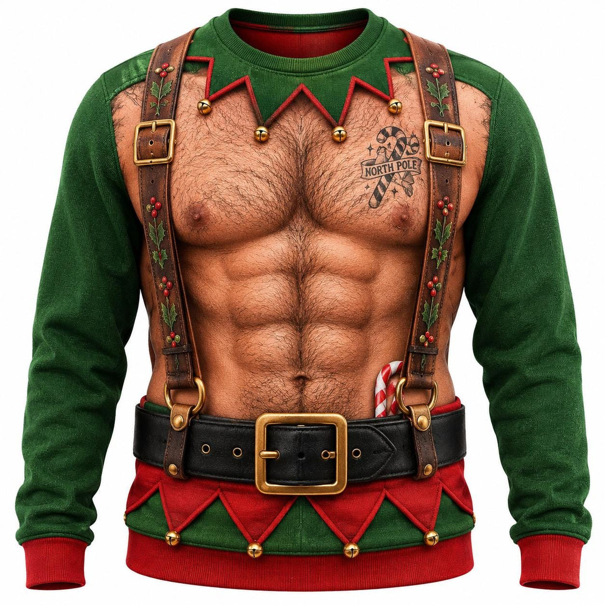 Funny Men's Hairy Chest Elf Ugly Christmas Sweater
