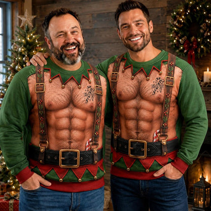 Funny Men's Hairy Chest Elf Ugly Christmas Sweater