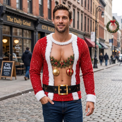Funny Men's Open Chest Santa Claus Wreath Ugly Christmas Sweater