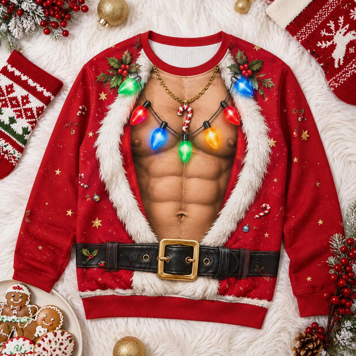 Funny Muscle Chest Santa Lights Christmas Sweater