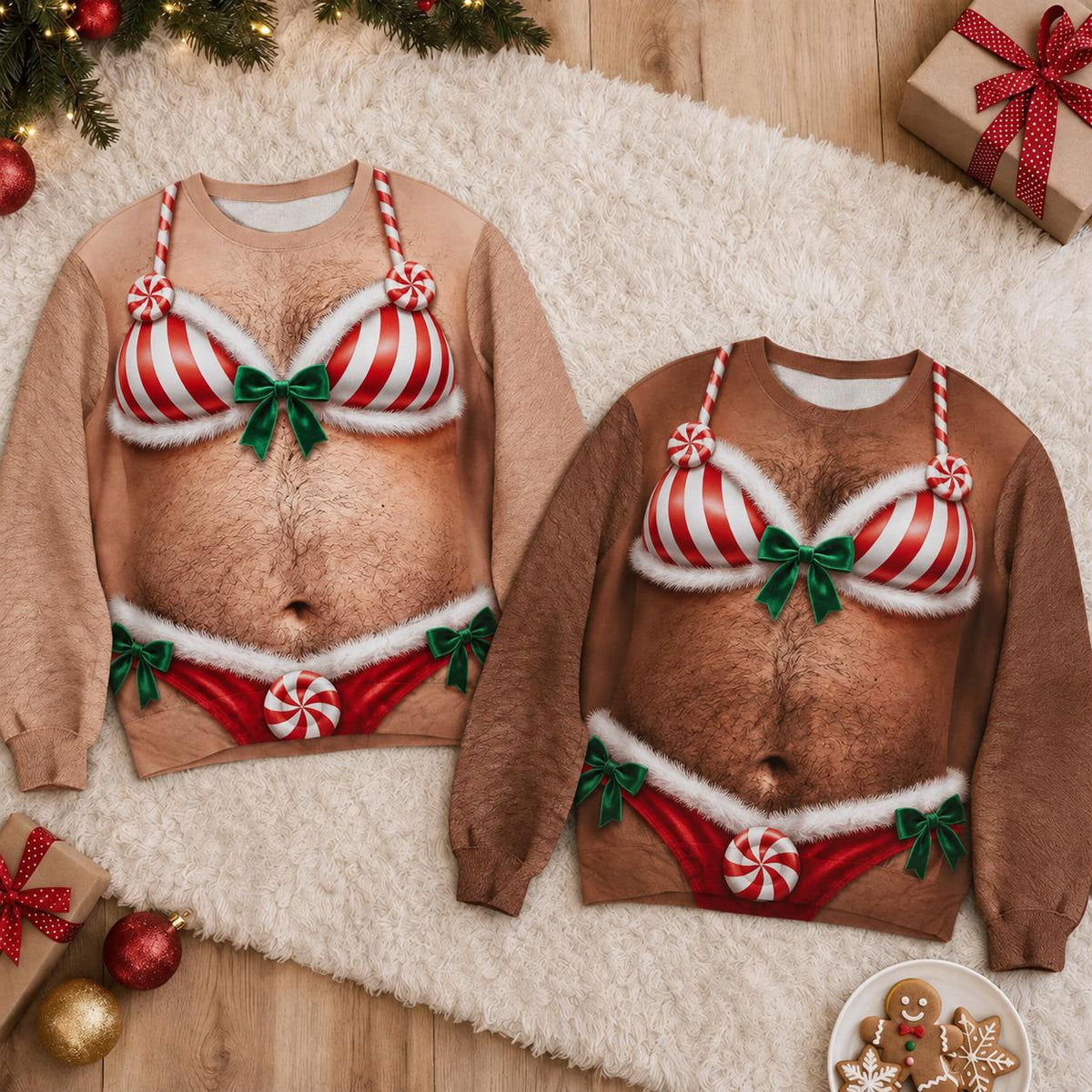 Funny Muscle Man Christmas Candy Cane Lingerie Sweater