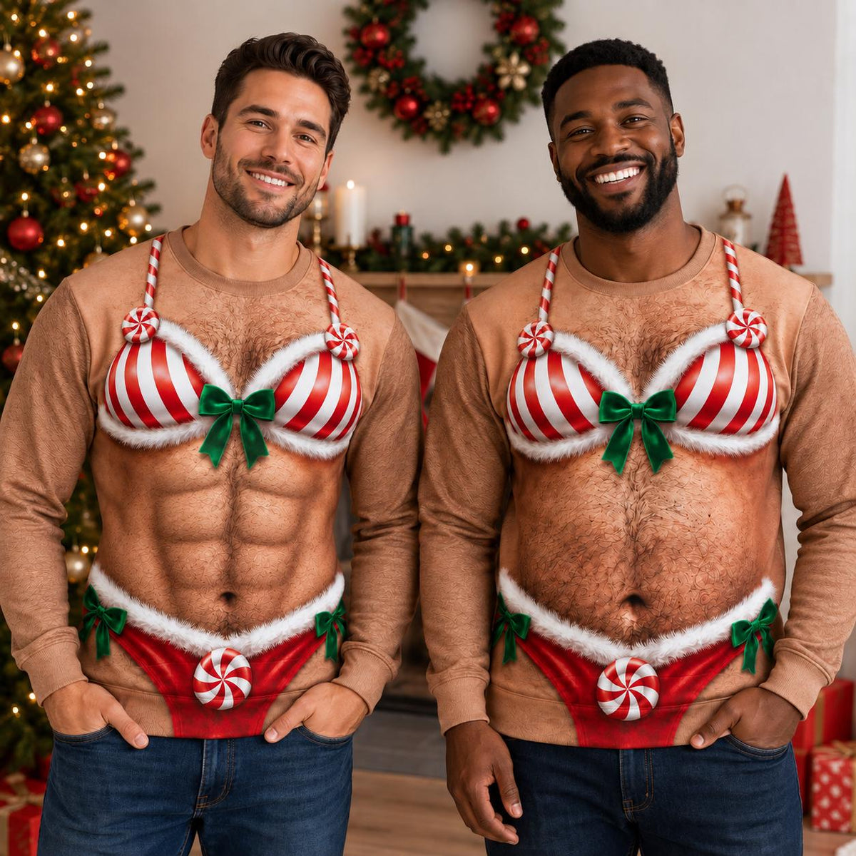 Funny Muscle Man Christmas Candy Cane Lingerie Sweater