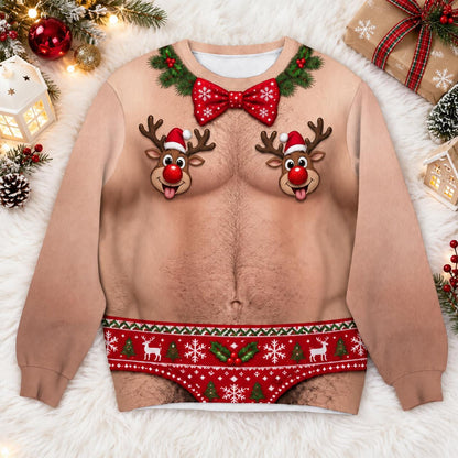 Funny Reindeer Nipple Bowtie Christmas Sweater