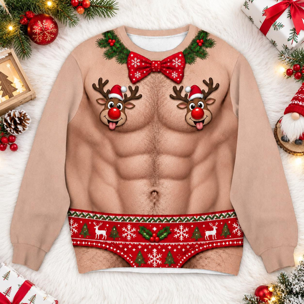 Funny Reindeer Nipple Bowtie Christmas Sweater