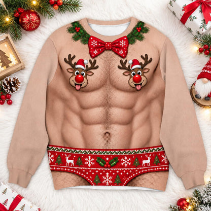 Funny Reindeer Nipple Bowtie Christmas Sweater
