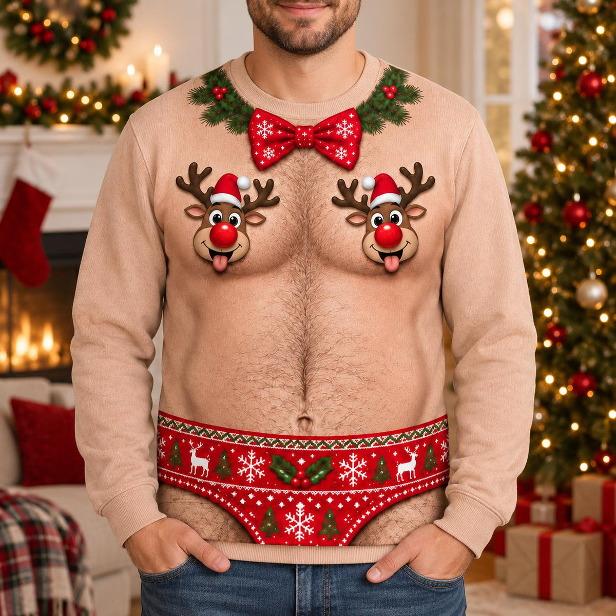 Funny Reindeer Nipple Bowtie Christmas Sweater