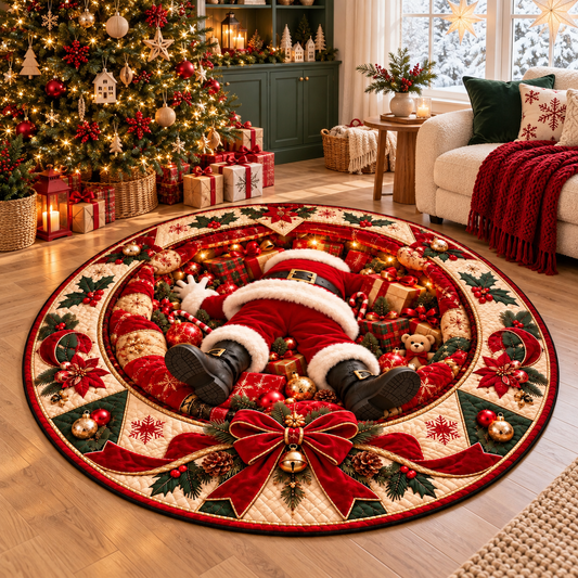 Funny Santa Stuck 3D Illusion Christmas Quilted Round Rug