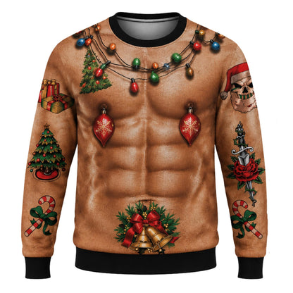 Funny Tattooed Chest Muscle Abs Ugly Christmas Sweater